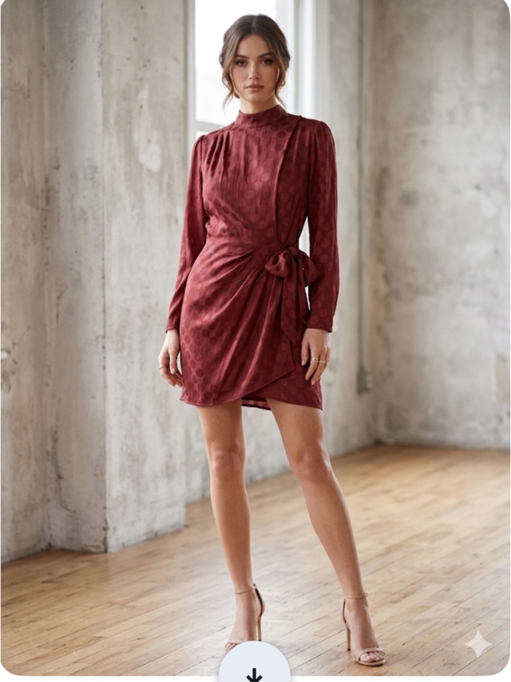 ASTR the Label "Jolene" Polkadot Dress in a rust red color.